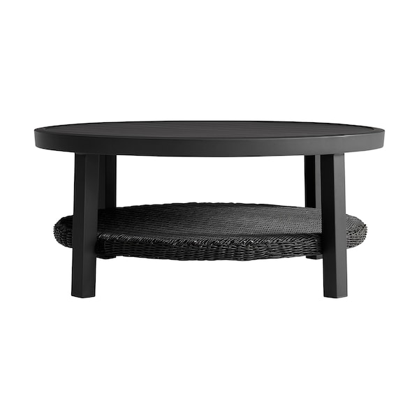 Armen Living Grand Black Aluminum Outdoor Round Conversation Table with Wicker Shelf 840254332744 - main